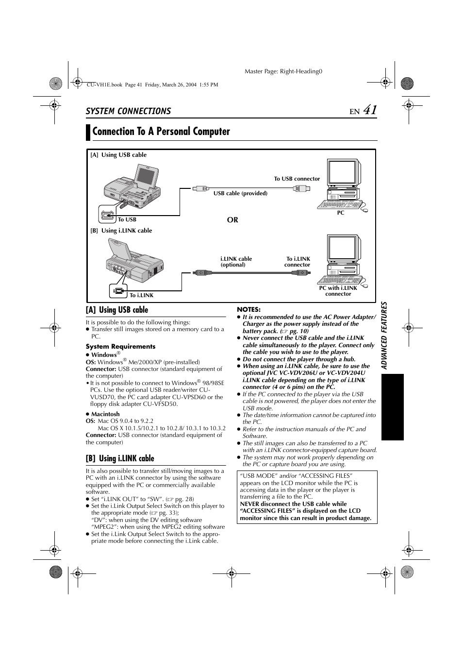 System connections, Connection to a personal computer, A] using usb cable | B] using i.link cable | JVC LYT1300-001A User Manual | Page 41 / 60