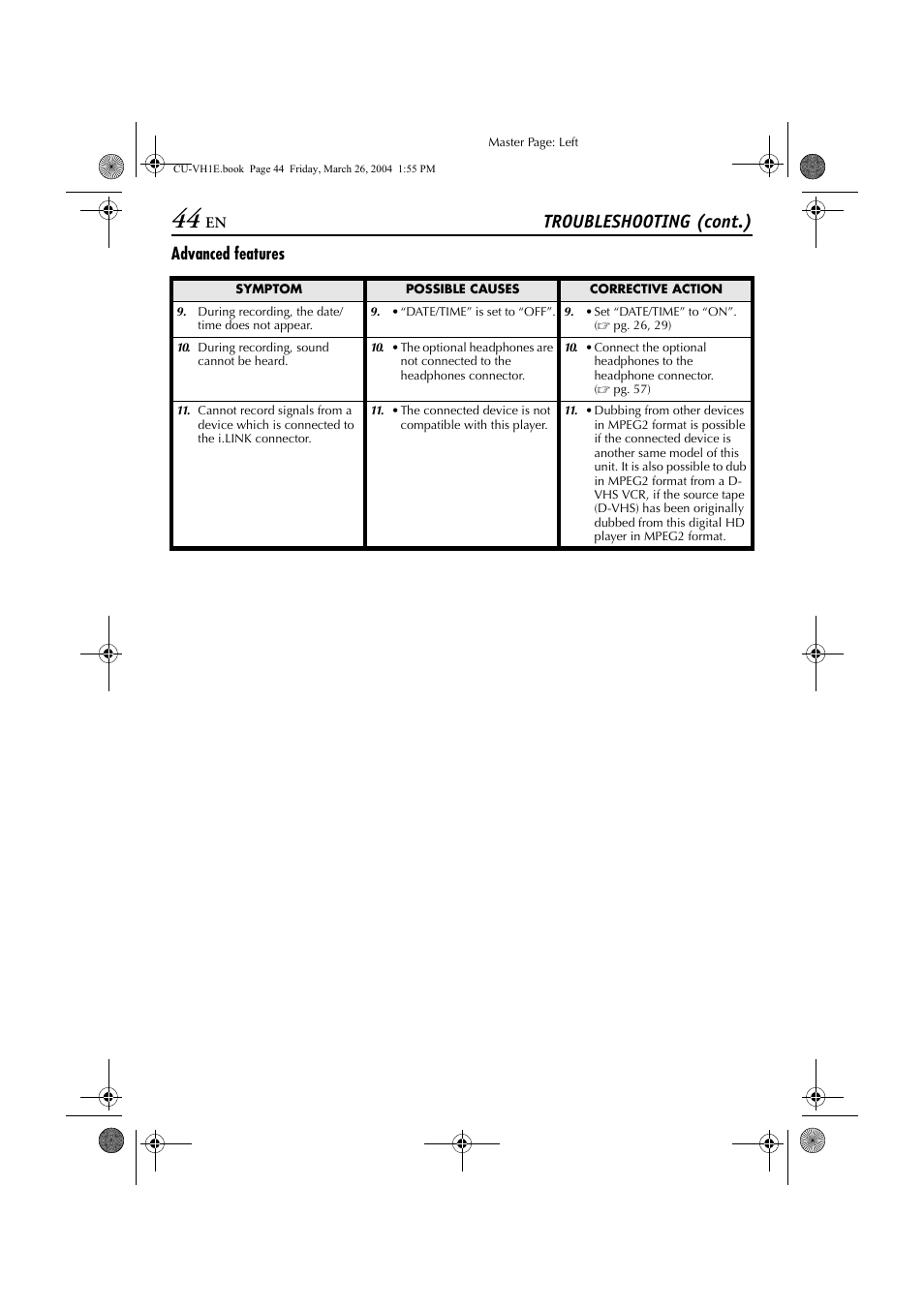 Troubleshooting (cont.), Advanced features | JVC LYT1300-001A User Manual | Page 44 / 60