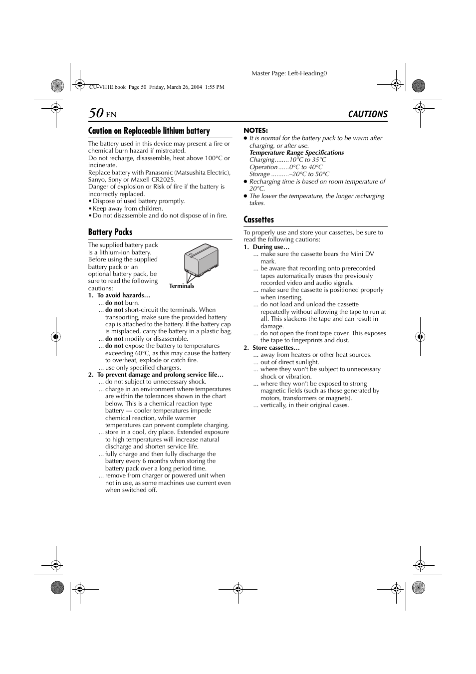 Cautions, Pg. 50), Caution on replaceable lithium battery | Battery packs, Cassettes | JVC LYT1300-001A User Manual | Page 50 / 60
