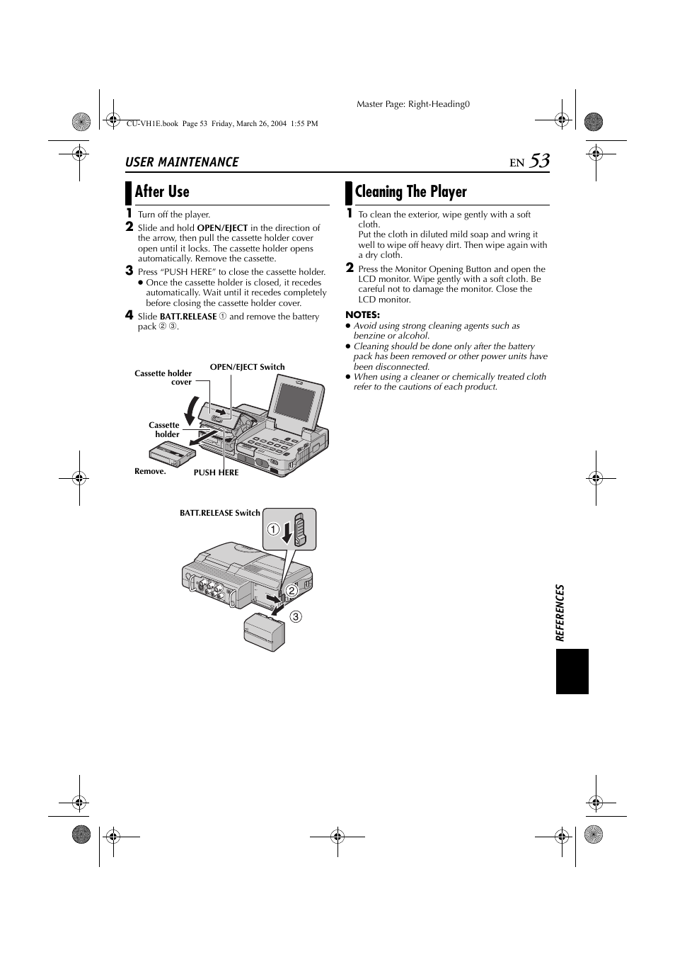 User maintenance, Pg. 53), After use | Cleaning the player | JVC LYT1300-001A User Manual | Page 53 / 60