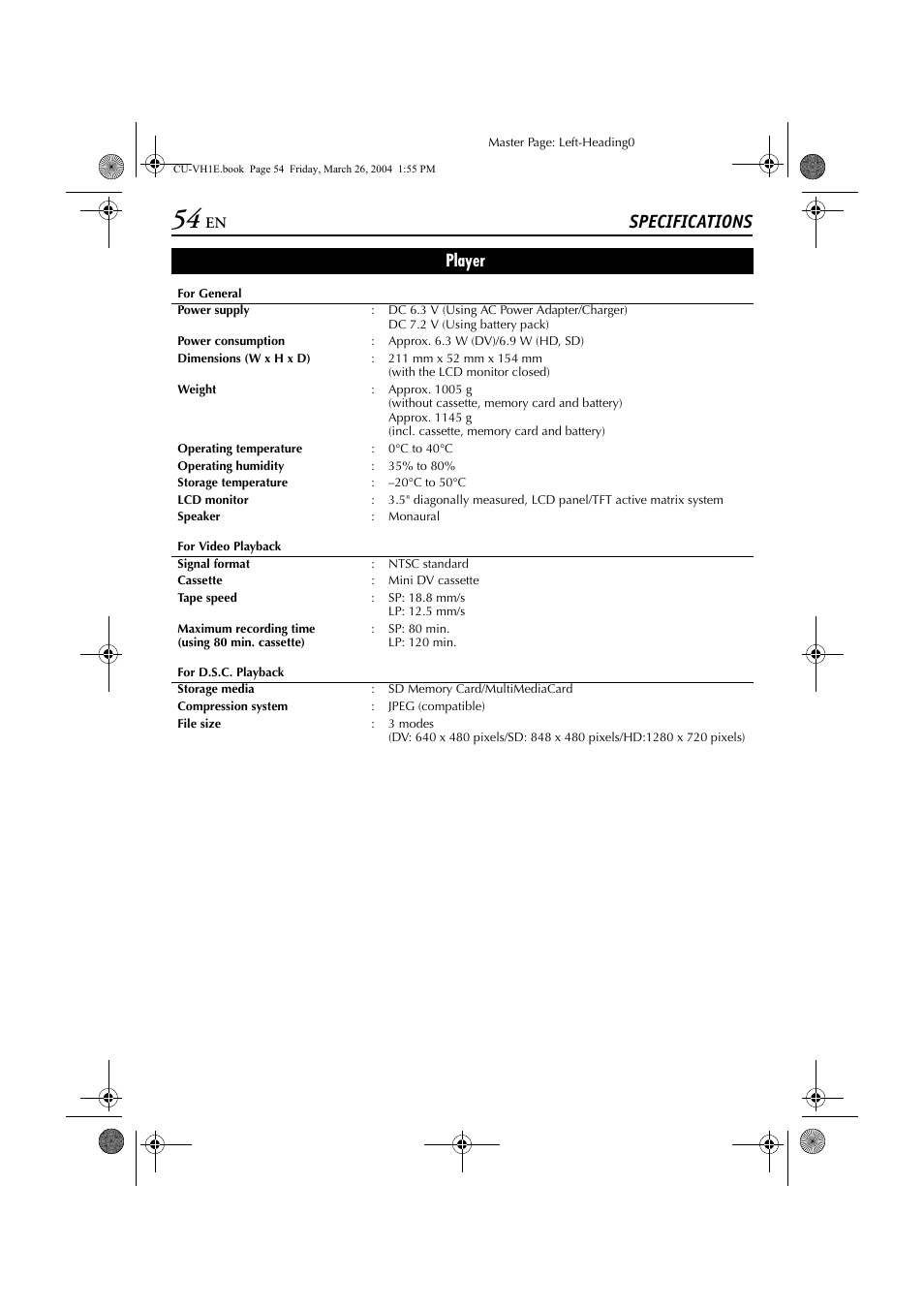 Specifications, Player | JVC LYT1300-001A User Manual | Page 54 / 60