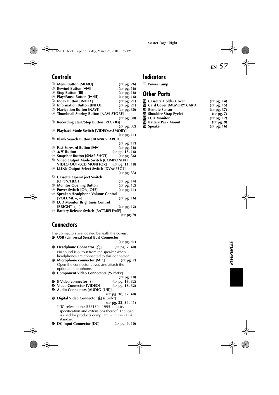 Pg. 57), Controls, Connectors | Indicators, Other parts | JVC LYT1300-001A User Manual | Page 57 / 60