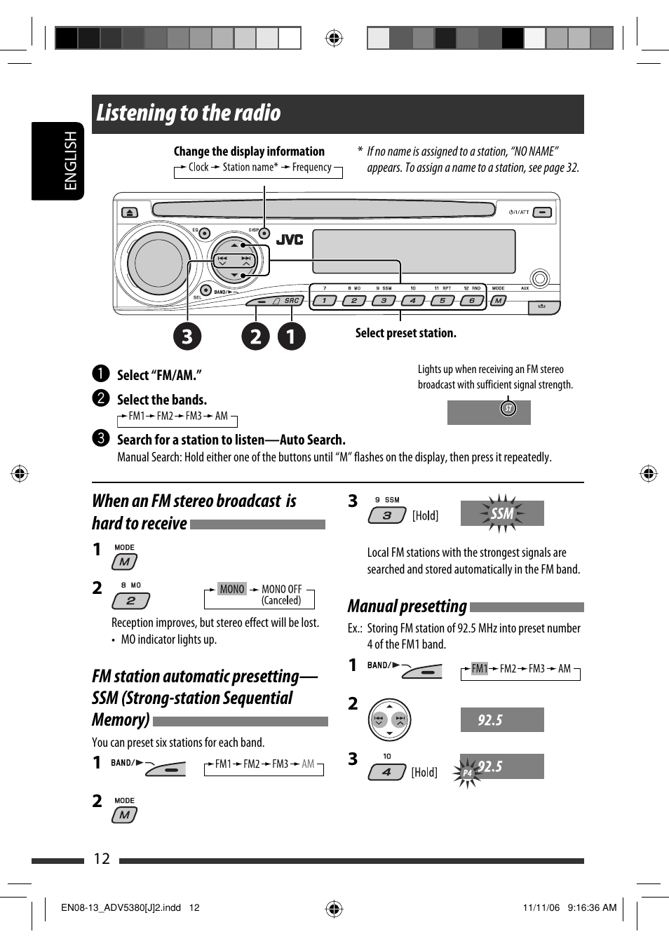 Listening to the radio, When an fm stereo broadcast is hard to receive 1, Manual presetting | JVC KD-DV5300 User Manual | Page 12 / 50