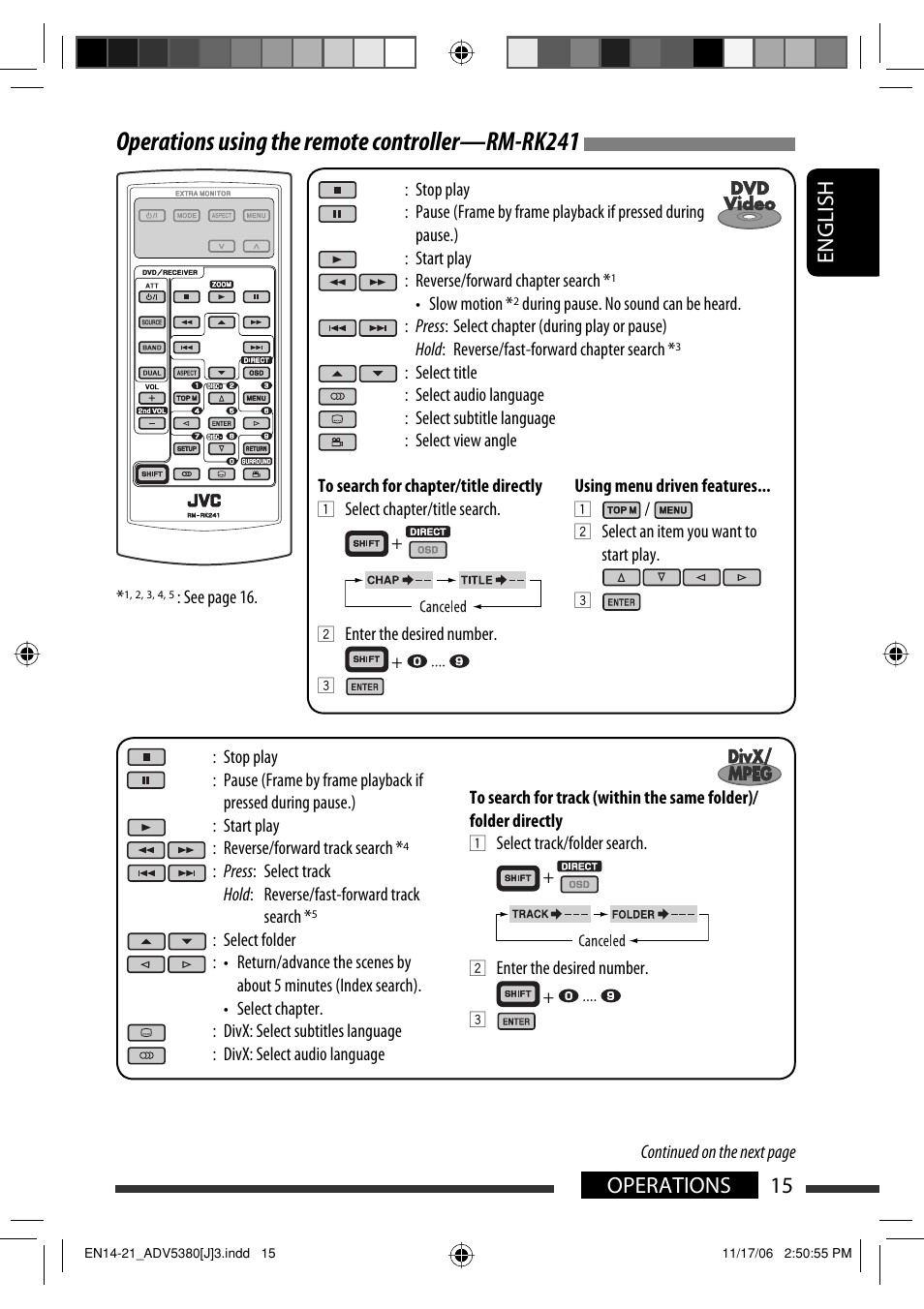Operations using the remote controller—rm-rk241, English 15 operations | JVC KD-DV5300 User Manual | Page 15 / 50