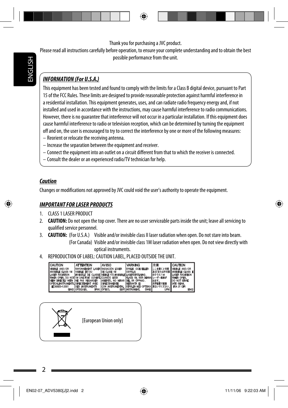 Information (for u.s.a.), Important for laser products, English 2 | JVC KD-DV5300 User Manual | Page 2 / 50