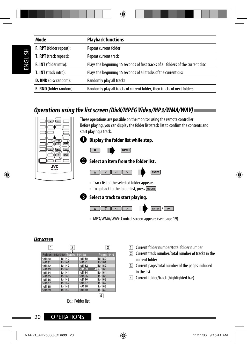 English 20 operations | JVC KD-DV5300 User Manual | Page 20 / 50