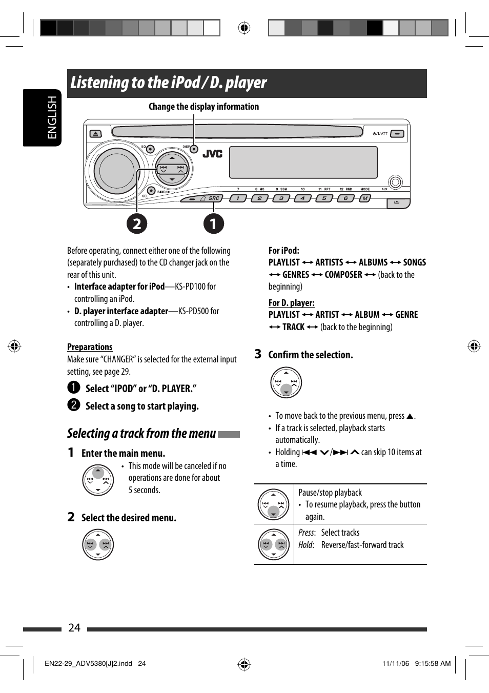 Listening to the ipod / d. player, Selecting a track from the menu 1, English 24 | JVC KD-DV5300 User Manual | Page 24 / 50