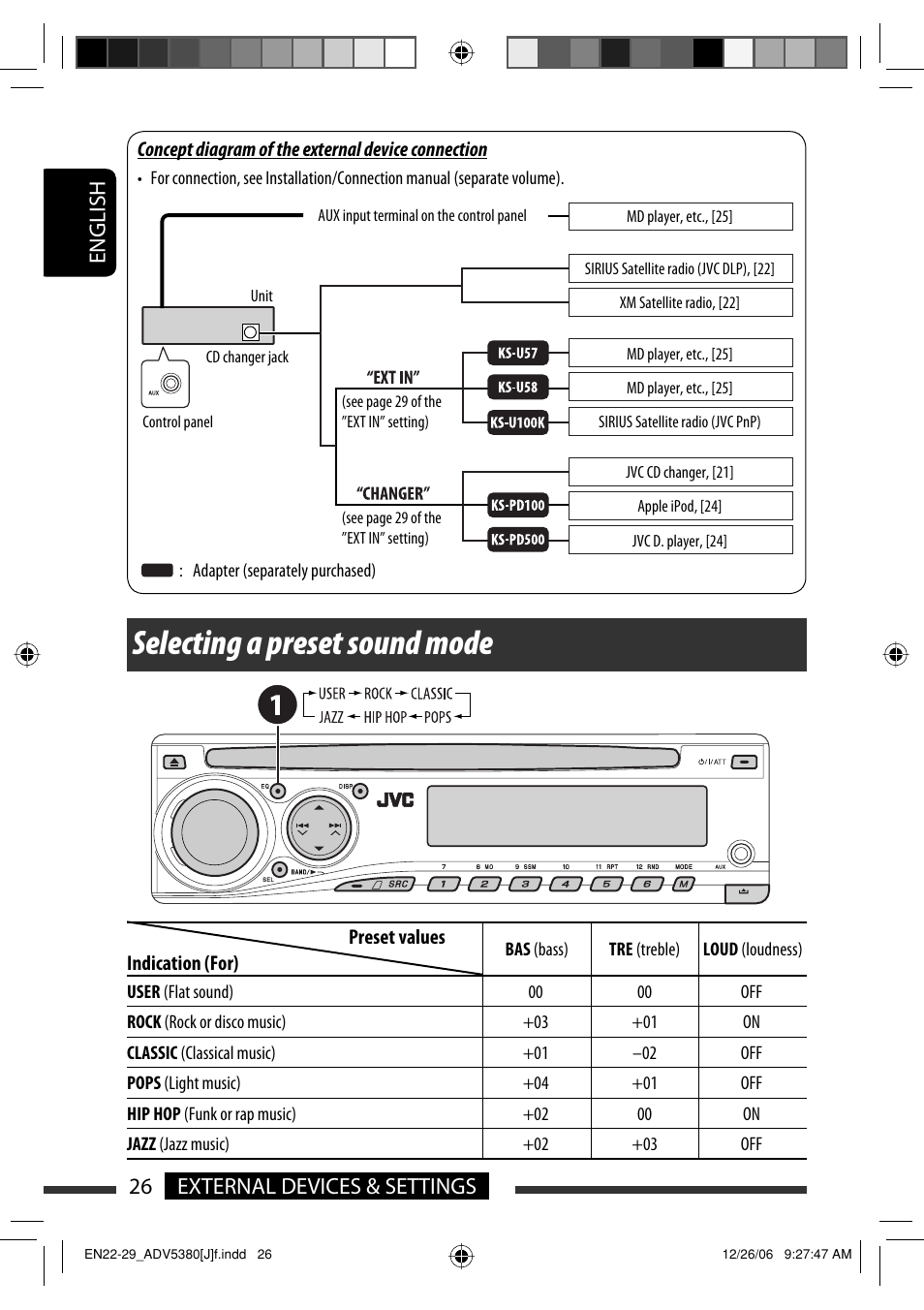 Selecting a preset sound mode, English 26 external devices & settings | JVC KD-DV5300 User Manual | Page 26 / 50