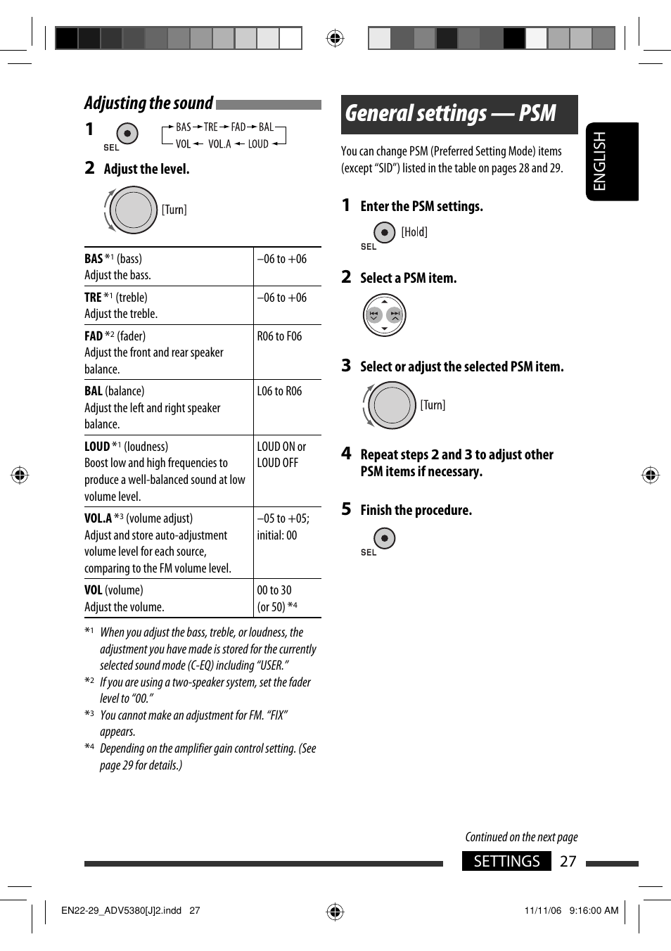 General settings — psm, Adjusting the sound 1, English 27 settings | JVC KD-DV5300 User Manual | Page 27 / 50
