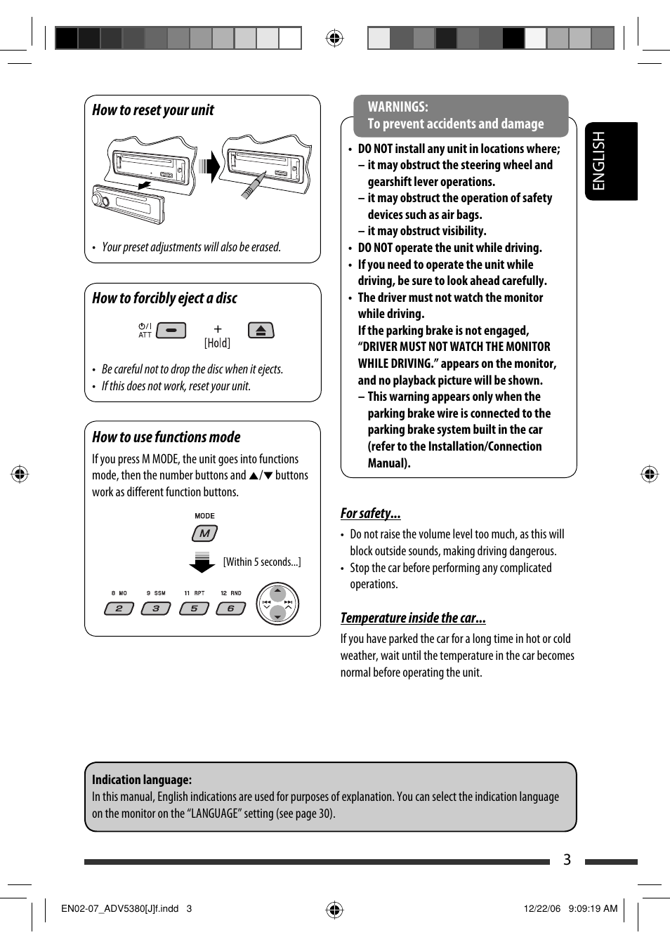 English 3, How to reset your unit, How to forcibly eject a disc | How to use functions mode | JVC KD-DV5300 User Manual | Page 3 / 50