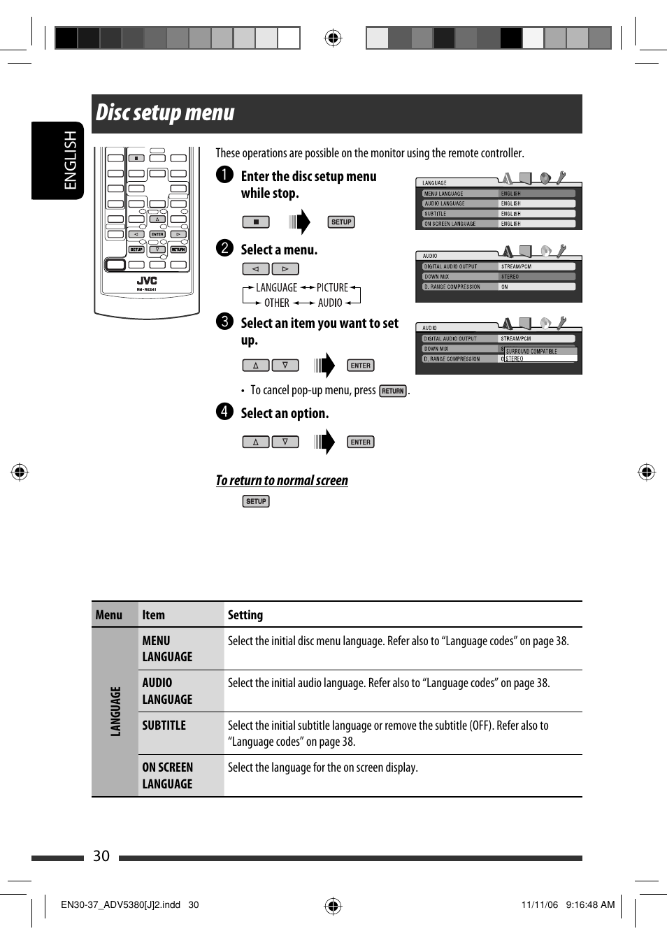 Disc setup menu | JVC KD-DV5300 User Manual | Page 30 / 50