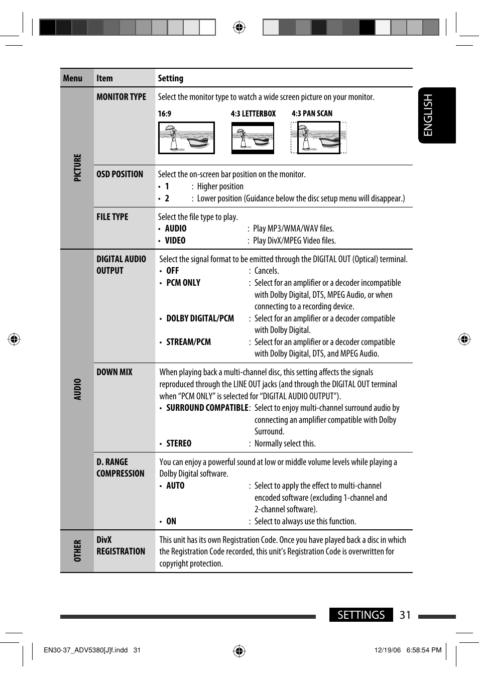 English 31 settings | JVC KD-DV5300 User Manual | Page 31 / 50