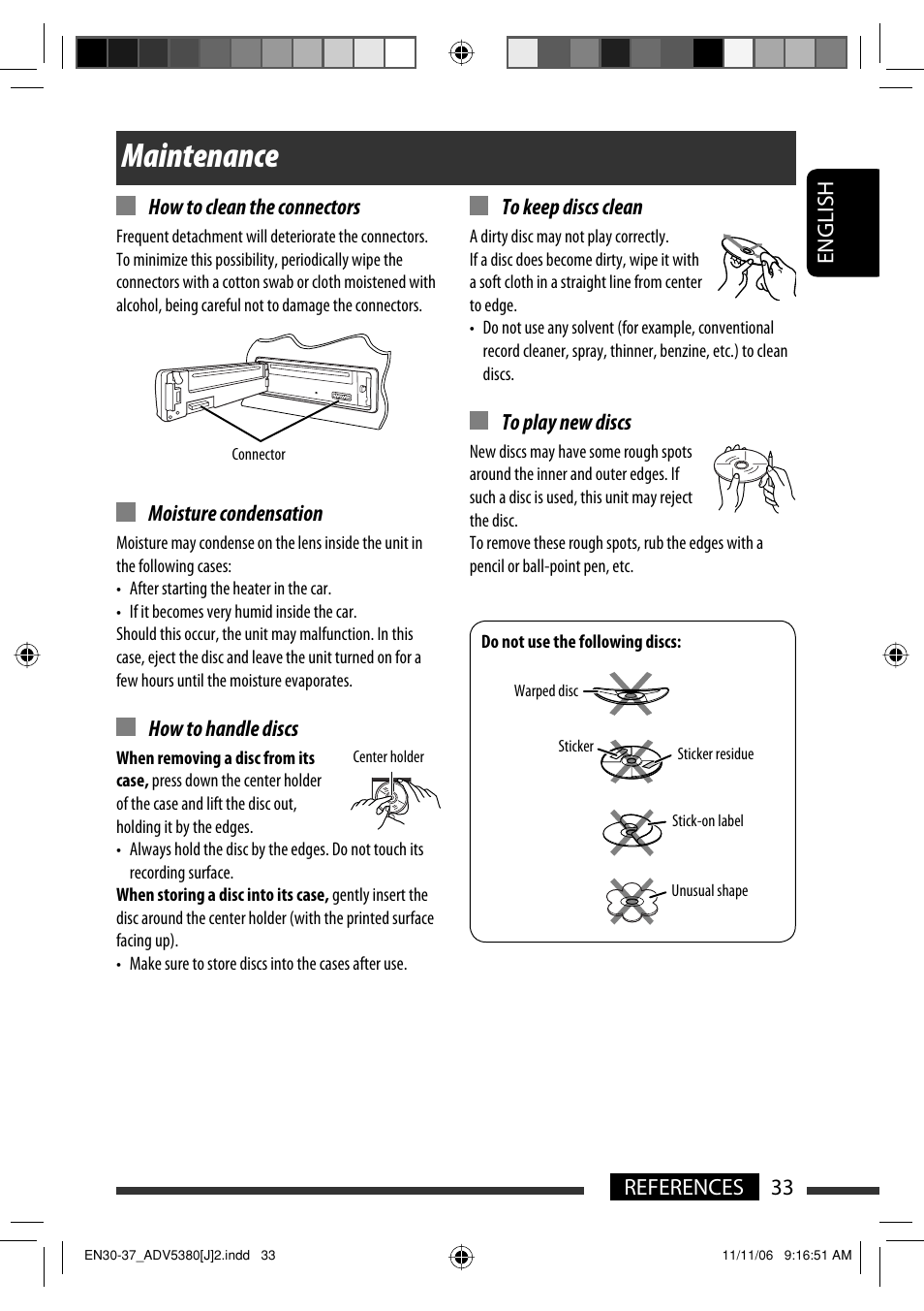 Maintenance, English 33 references how to clean the connectors, Moisture condensation | How to handle discs | JVC KD-DV5300 User Manual | Page 33 / 50