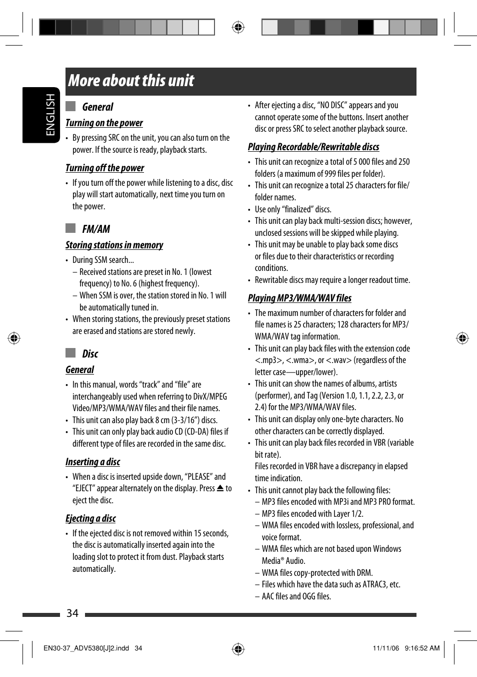 More about this unit, English 34 general, Fm/am | Disc | JVC KD-DV5300 User Manual | Page 34 / 50