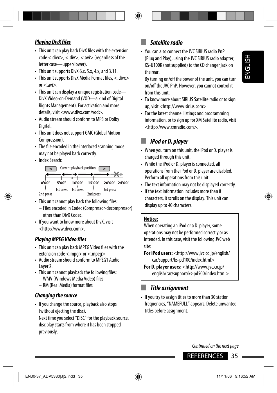 English 35 references, Satellite radio, Ipod or d. player | Title assignment | JVC KD-DV5300 User Manual | Page 35 / 50