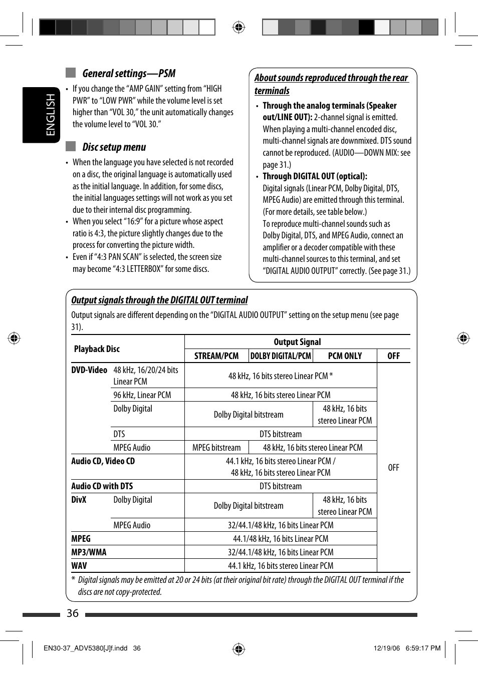 English 36, General settings—psm, Disc setup menu | JVC KD-DV5300 User Manual | Page 36 / 50