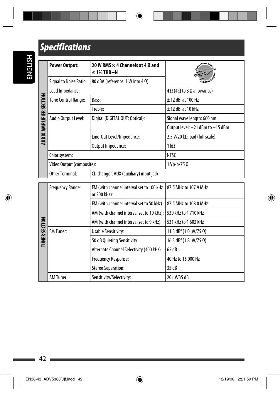 Specifications, English 42 | JVC KD-DV5300 User Manual | Page 42 / 50