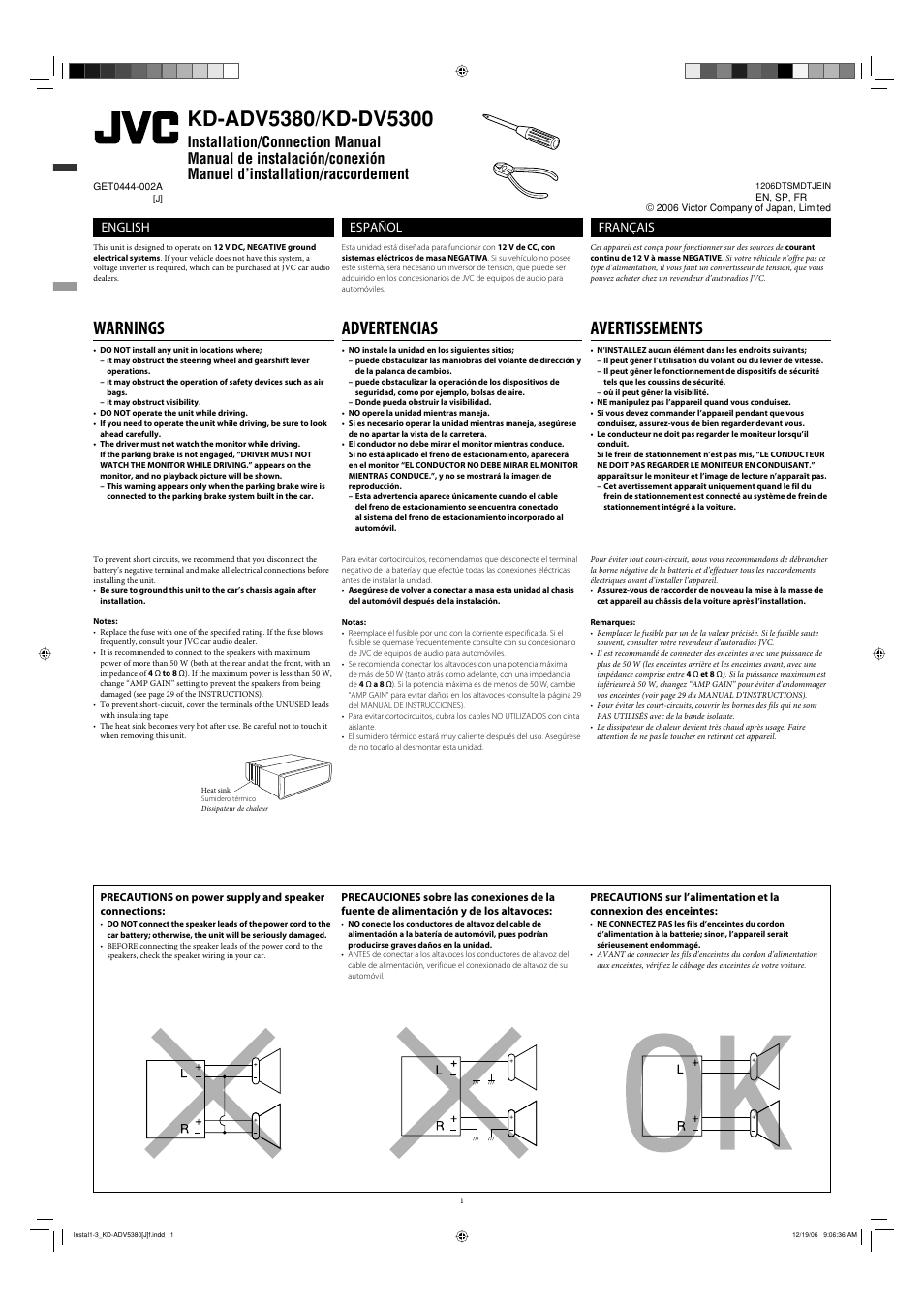Installation/connection manual, Warnings, Notes | Advertencias, Avertissements, English, Español, Français | JVC KD-DV5300 User Manual | Page 45 / 50