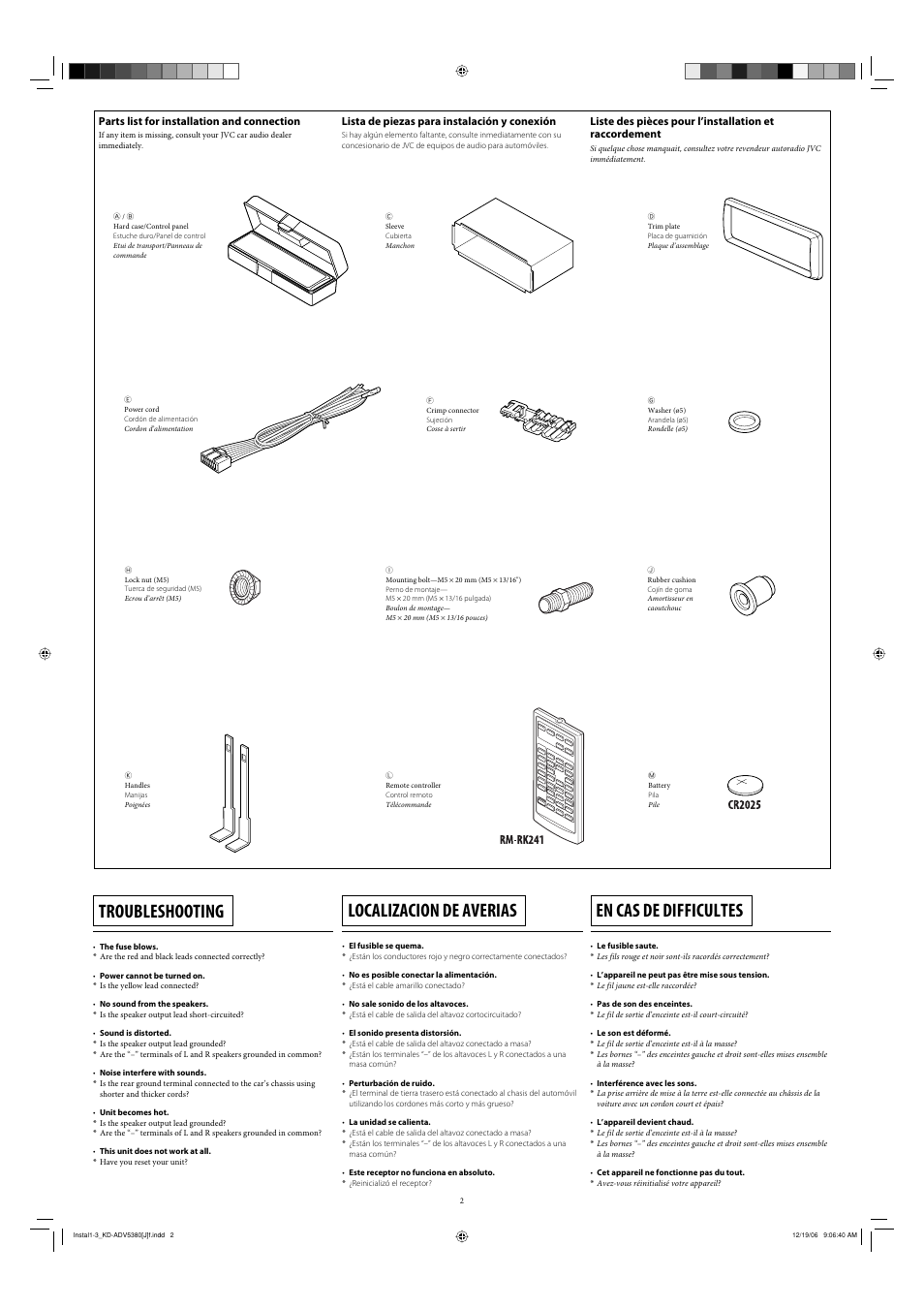 Parts list for installation and connection, Troubleshooting, Localizacion de averias | En cas de difficultes, Lista de piezas para instalación y conexión | JVC KD-DV5300 User Manual | Page 46 / 50