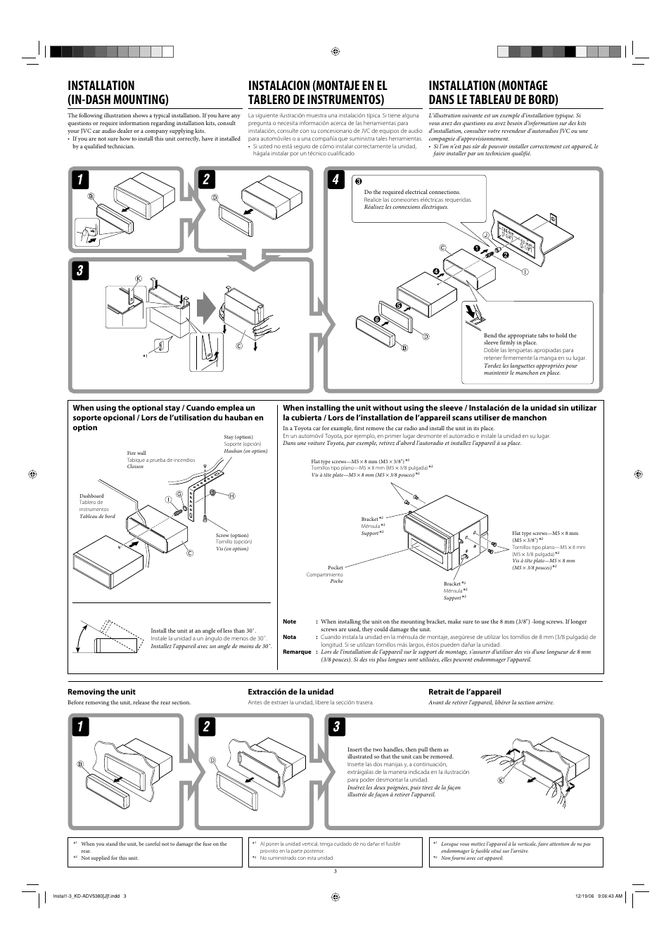 Installation, Removing the unit, Installation (in-dash mounting) | Installation (montage dans le tableau de bord), Extracción de la unidad, Retrait de l’appareil | JVC KD-DV5300 User Manual | Page 47 / 50