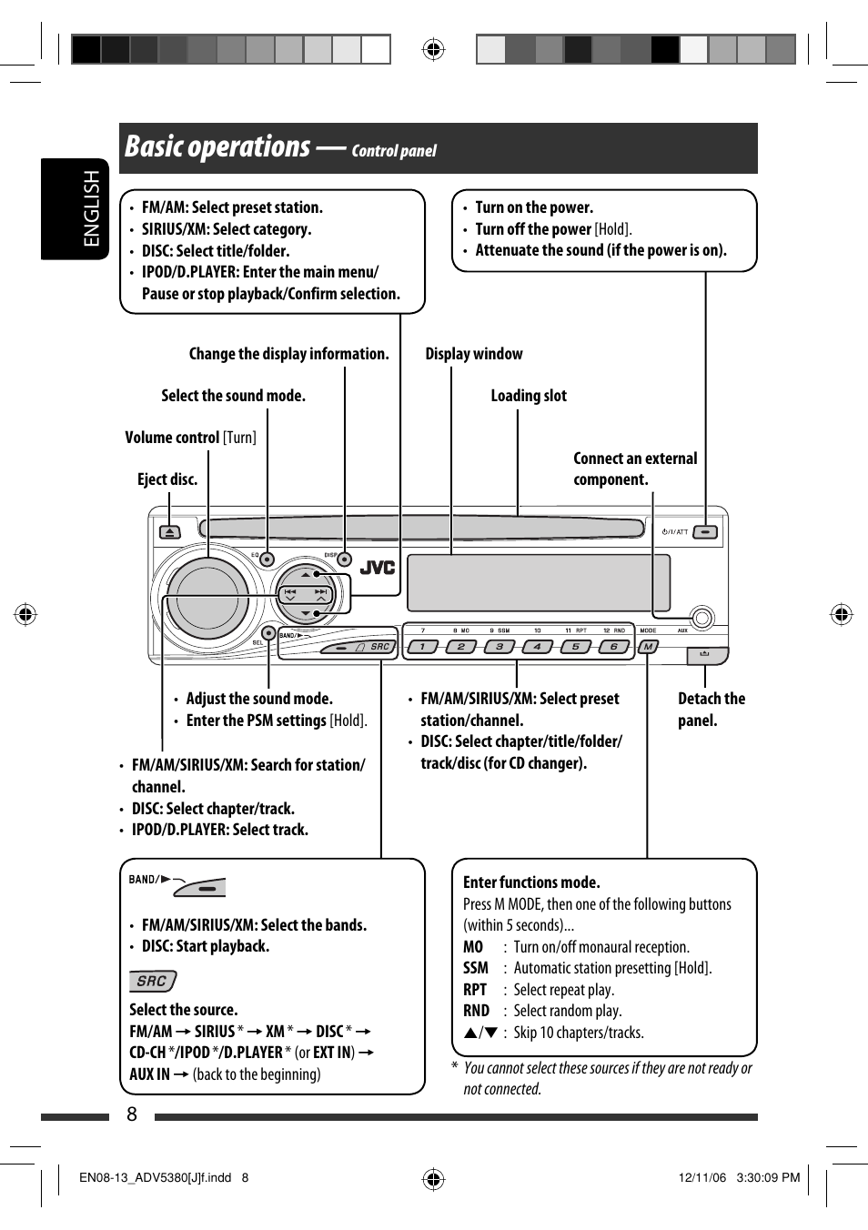 Basic operations — control panel, Basic operations, English 8 | JVC KD-DV5300 User Manual | Page 8 / 50