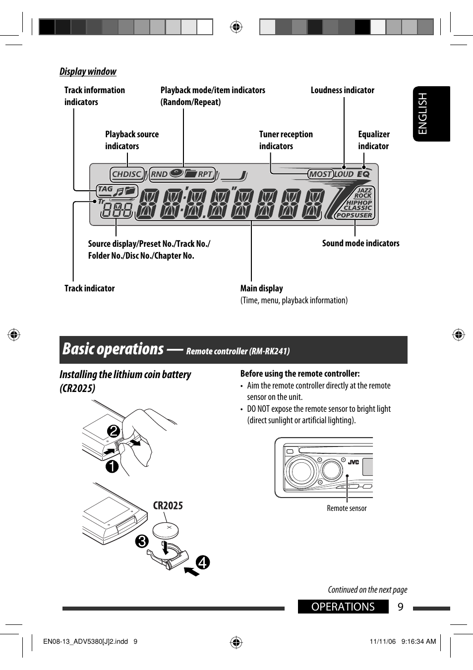 Basic operations — remote controller (rm-rk241), Basic operations, English 9 operations | Installing the lithium coin battery (cr2025) | JVC KD-DV5300 User Manual | Page 9 / 50