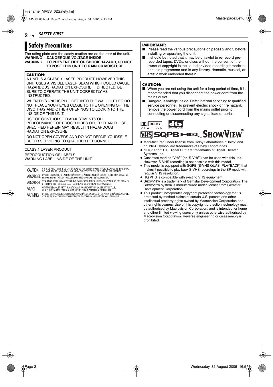 Safety first, Safety precautions | JVC DR-MV5SE User Manual | Page 2 / 100