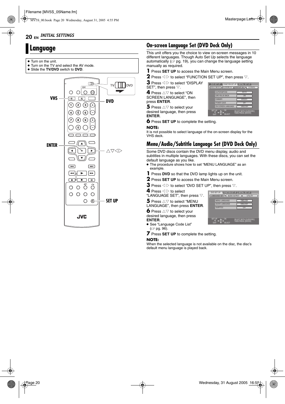 Language, On-screen language set (dvd deck only), Menu/audio/subtitle language set (dvd deck only) | Pg. 20, Enter), Initial settings, Enter dvd vhs set up | JVC DR-MV5SE User Manual | Page 20 / 100
