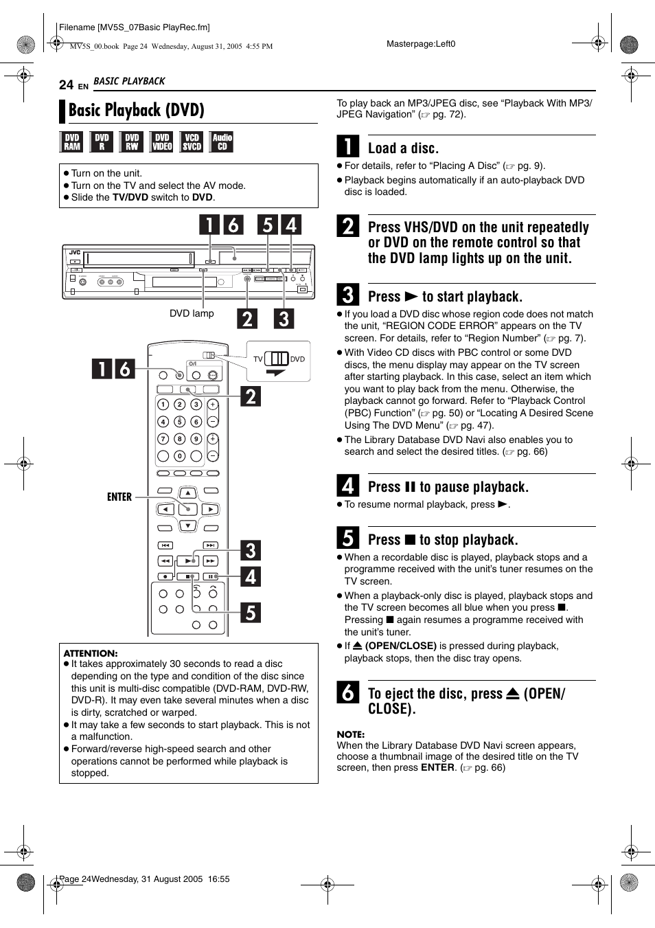 Basic playback, Basic playback (dvd), Pg. 24 | Pg. 24, 25, Pg. 24, 59, Load a disc, Press 4 to start playback, Press 9 to pause playback, Press 8 to stop playback | JVC DR-MV5SE User Manual | Page 24 / 100