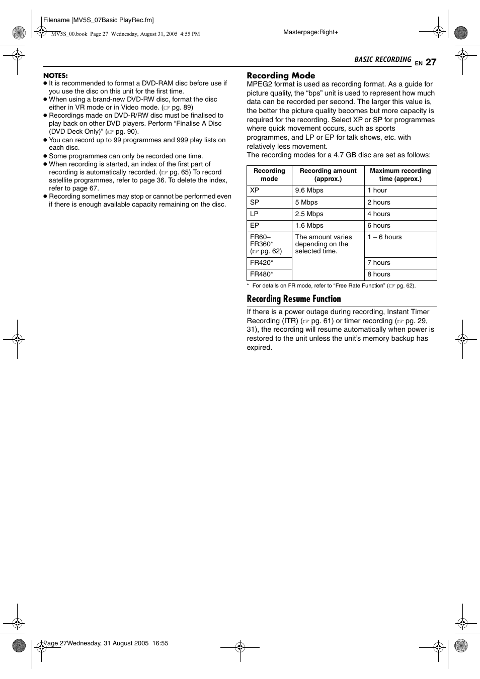 Recording resume function, Pg. 27, See “recording mode | Pg. 27) | JVC DR-MV5SE User Manual | Page 27 / 100