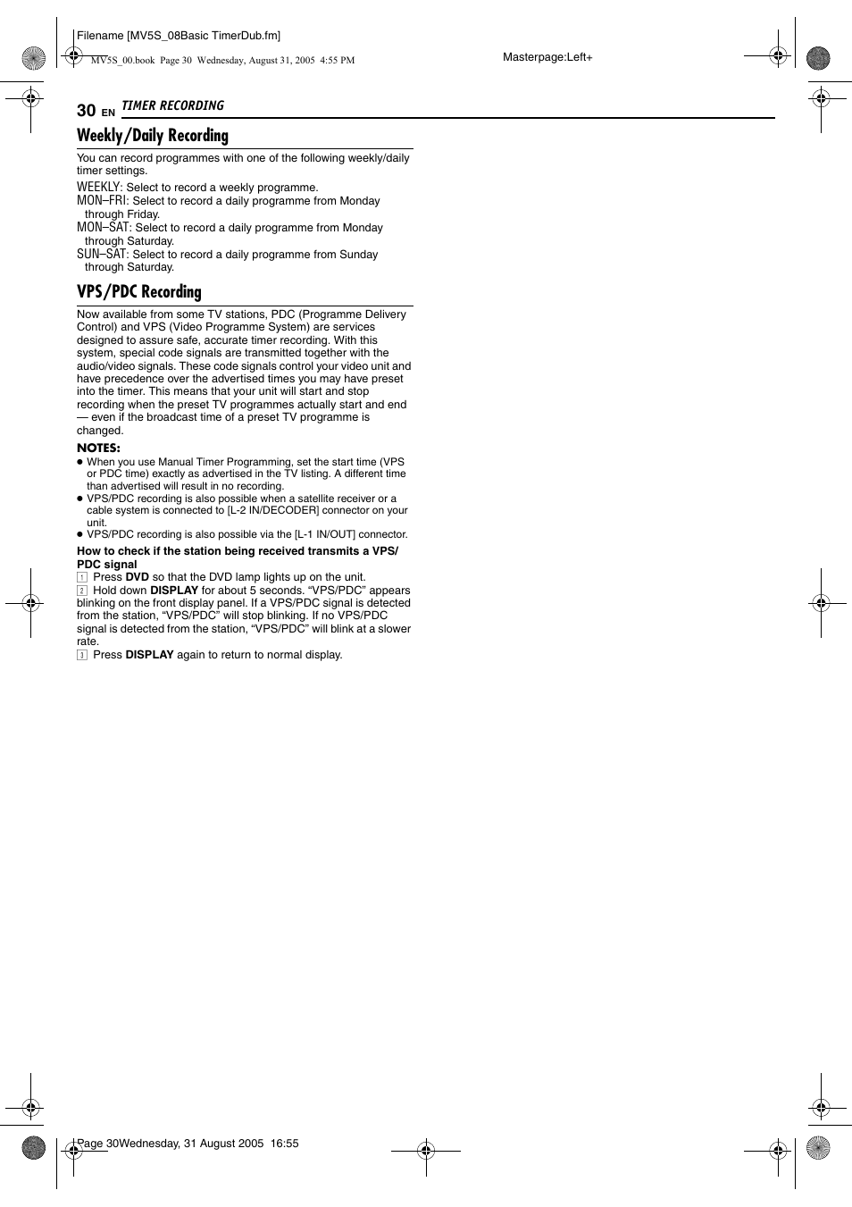 Weekly/daily recording, Vps/pdc recording, Pg. 30) | Pg. 30, Pg. 30, “weekly/daily recording”), Pg. 30, “vps/pdc recording”) | JVC DR-MV5SE User Manual | Page 30 / 100