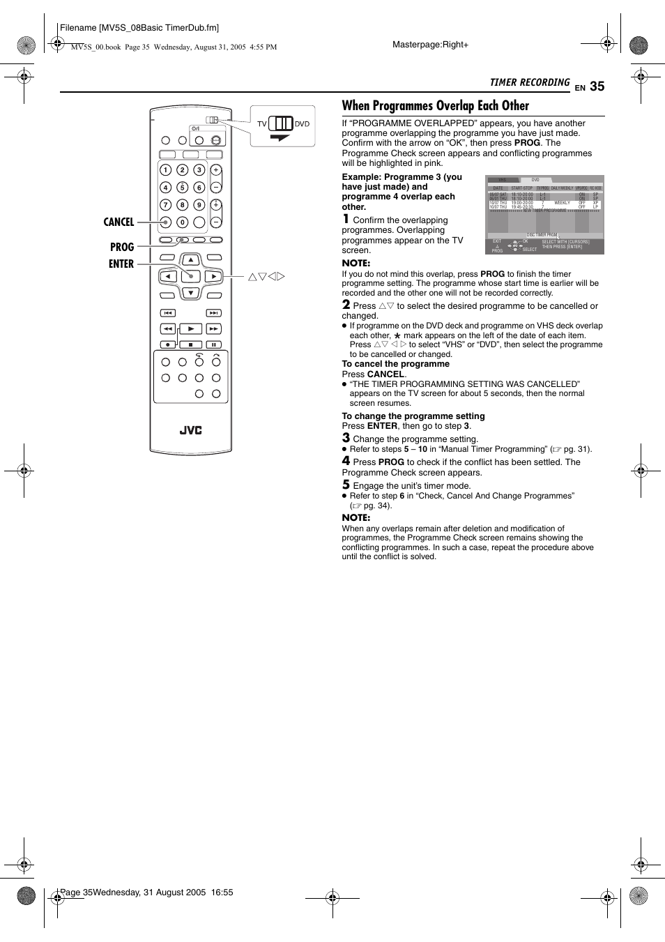 When programmes overlap each other, Timer recording, Enter prog cancel | JVC DR-MV5SE User Manual | Page 35 / 100