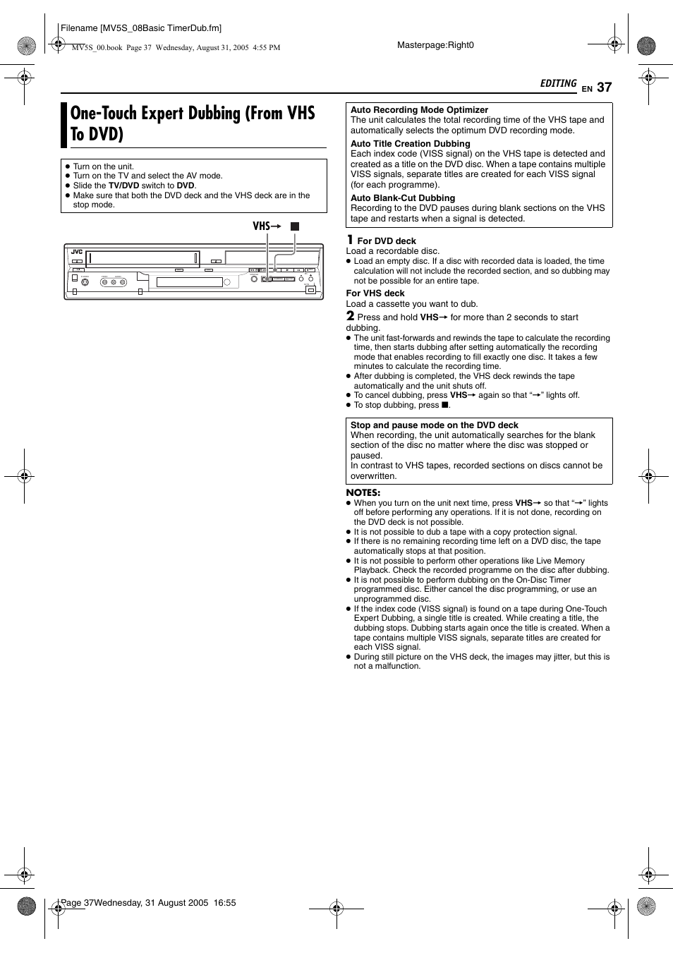 Editing, One-touch expert dubbing (from vhs to dvd), Pg. 37 | JVC DR-MV5SE User Manual | Page 37 / 100