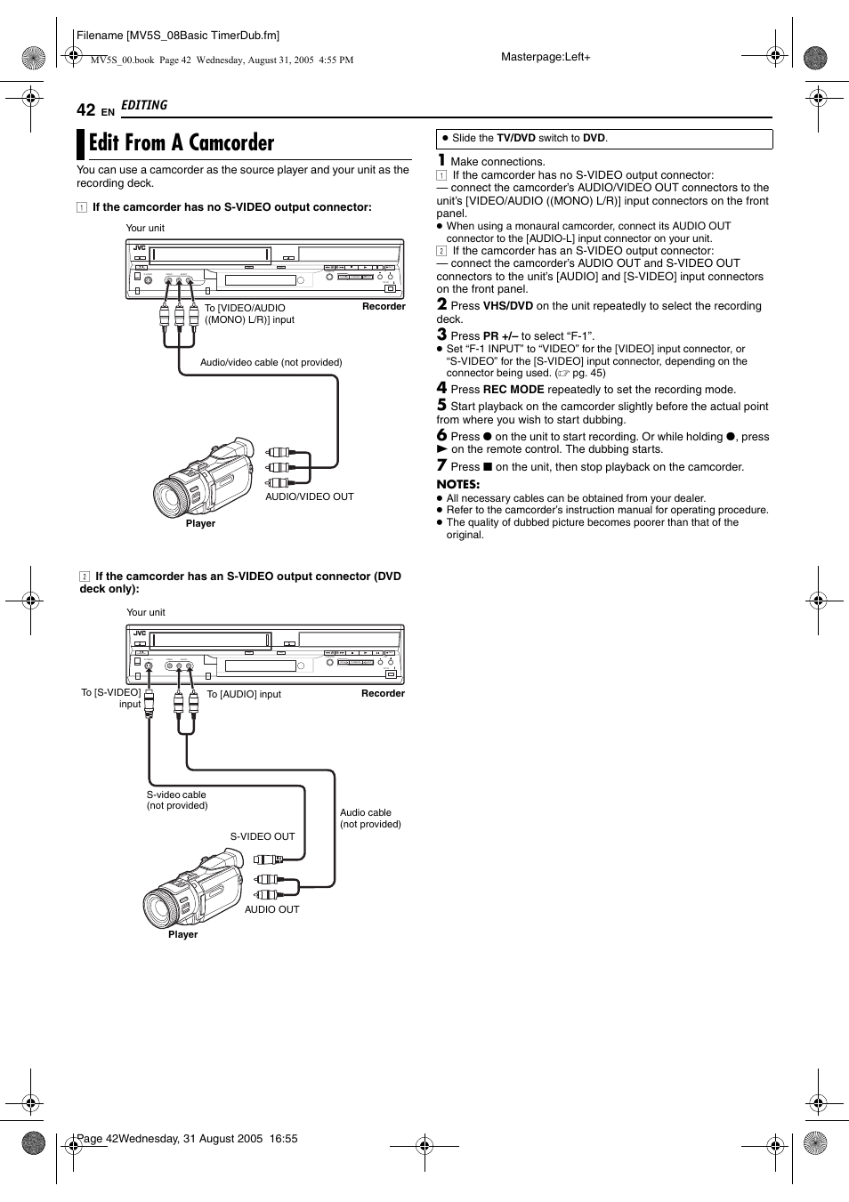 Edit from a camcorder, Pg. 42, Editing | Dvd vhs, Standby/on | JVC DR-MV5SE User Manual | Page 42 / 100