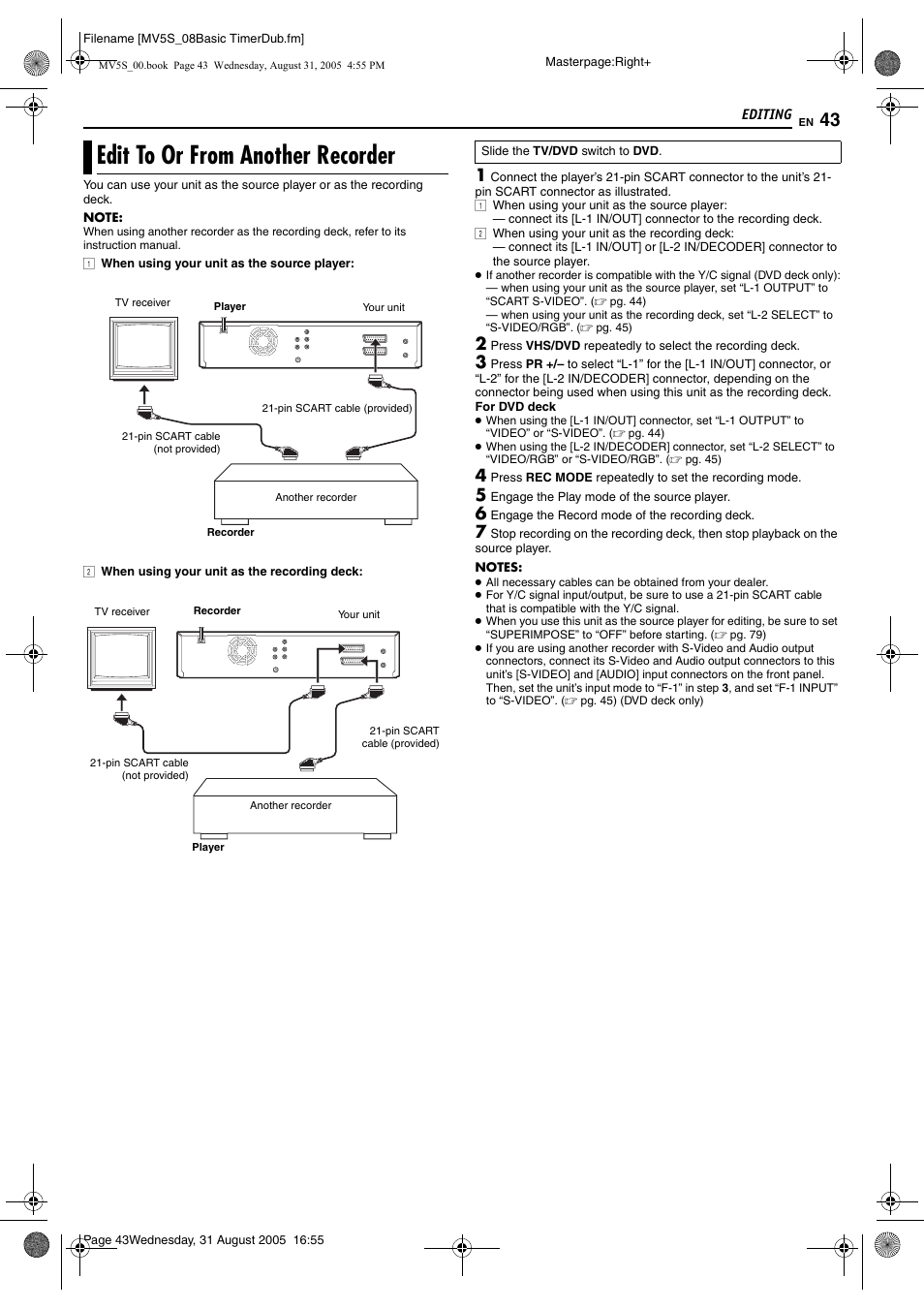 Edit to or from another recorder, Pg. 43, 7 | JVC DR-MV5SE User Manual | Page 43 / 100