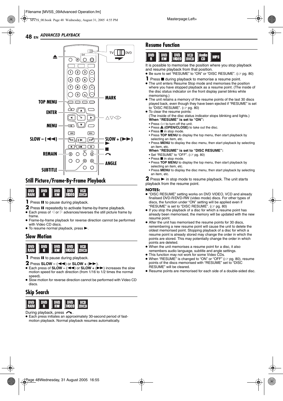 Still picture/frame-by-frame playback, Slow motion, Skip search | Resume function, Pg. 48, Pg. 48, 54 | JVC DR-MV5SE User Manual | Page 48 / 100