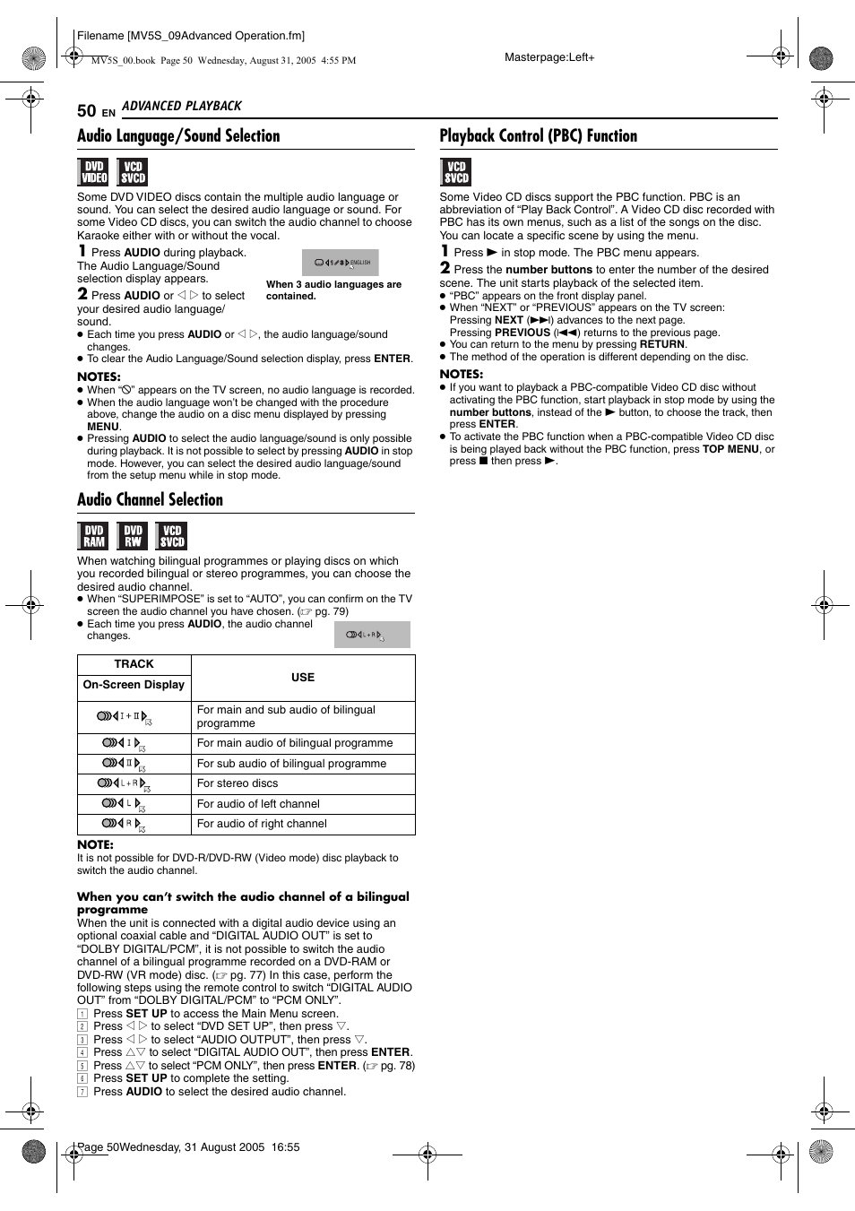 Audio language/sound selection, Audio channel selection, Playback control (pbc) function | Pg. 50), Pg. 50, Udio), To “playback control (pbc) function, Pg. 50) or “l | JVC DR-MV5SE User Manual | Page 50 / 100