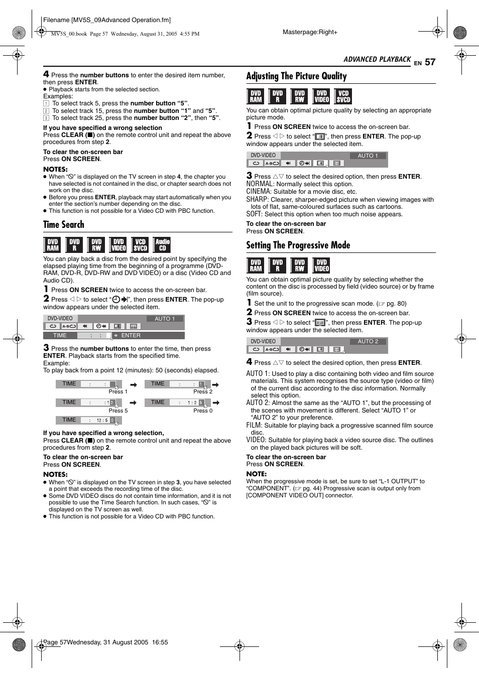 Time search, Adjusting the picture quality, Setting the progressive mode | Pg. 57), R picture control function | JVC DR-MV5SE User Manual | Page 57 / 100