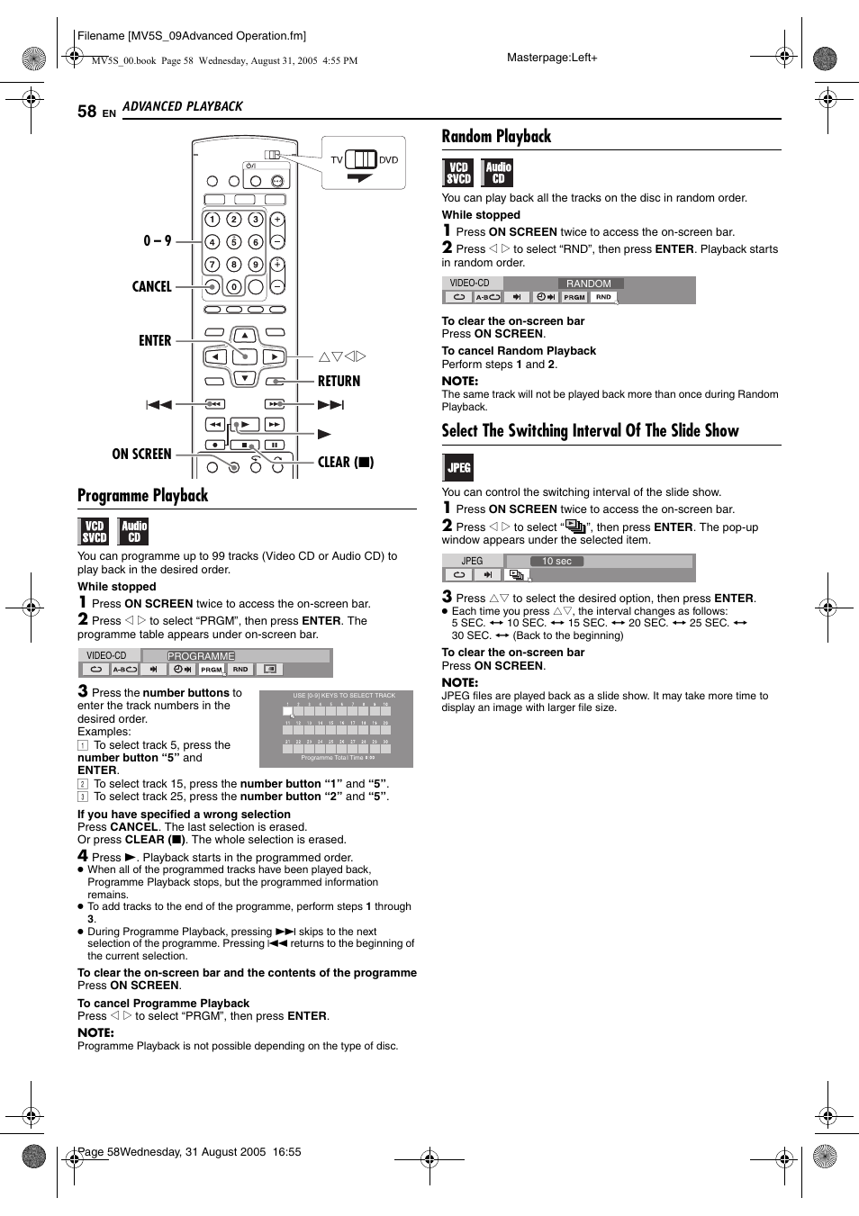 Programme playback, Random playback, Select the switching interval of the slide show | Pg. 58, Pg. 58) | JVC DR-MV5SE User Manual | Page 58 / 100