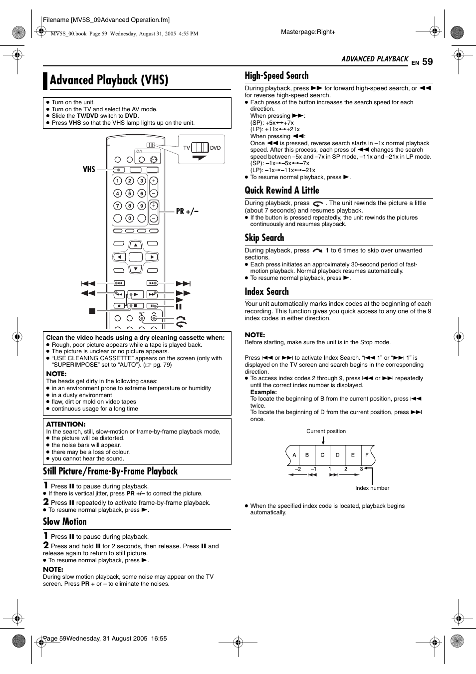 Advanced playback (vhs), Still picture/frame-by-frame playback, Slow motion | High-speed search, Quick rewind a little, Skip search, Index search, Pg. 59, Pg. 59) | JVC DR-MV5SE User Manual | Page 59 / 100