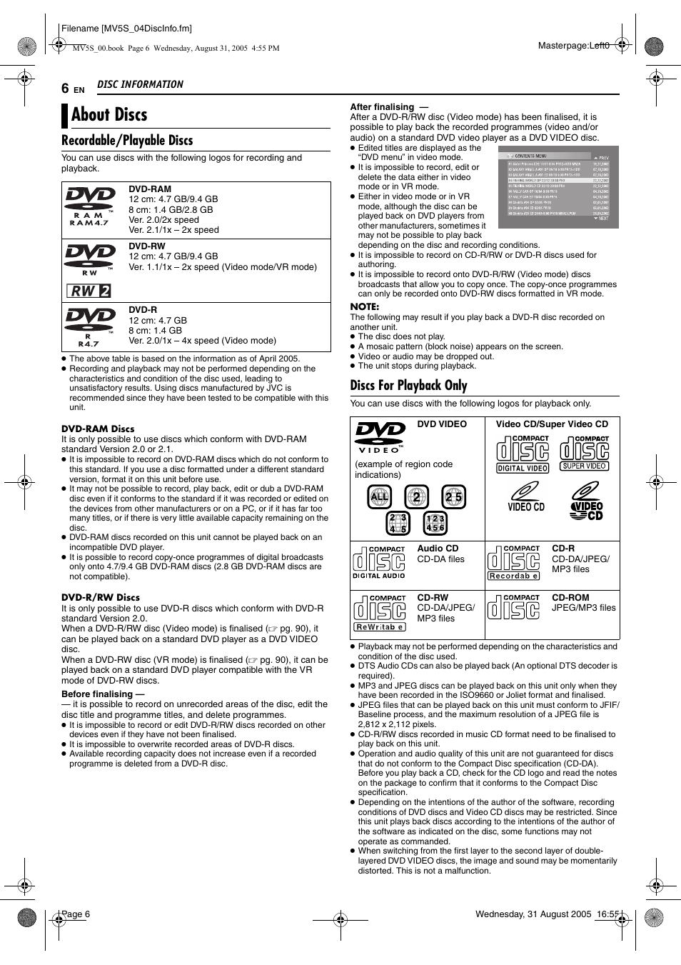 Disc information, About discs, Recordable/playable discs | Discs for playback only | JVC DR-MV5SE User Manual | Page 6 / 100