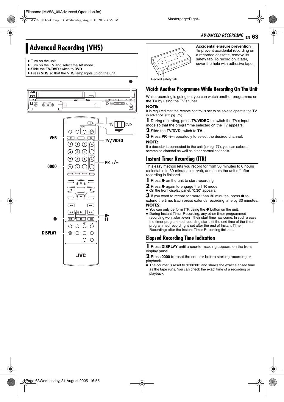 Advanced recording (vhs), Instant timer recording (itr), Elapsed recording time indication | Pg. 63, Recording (itr), Pg. 63) or | JVC DR-MV5SE User Manual | Page 63 / 100
