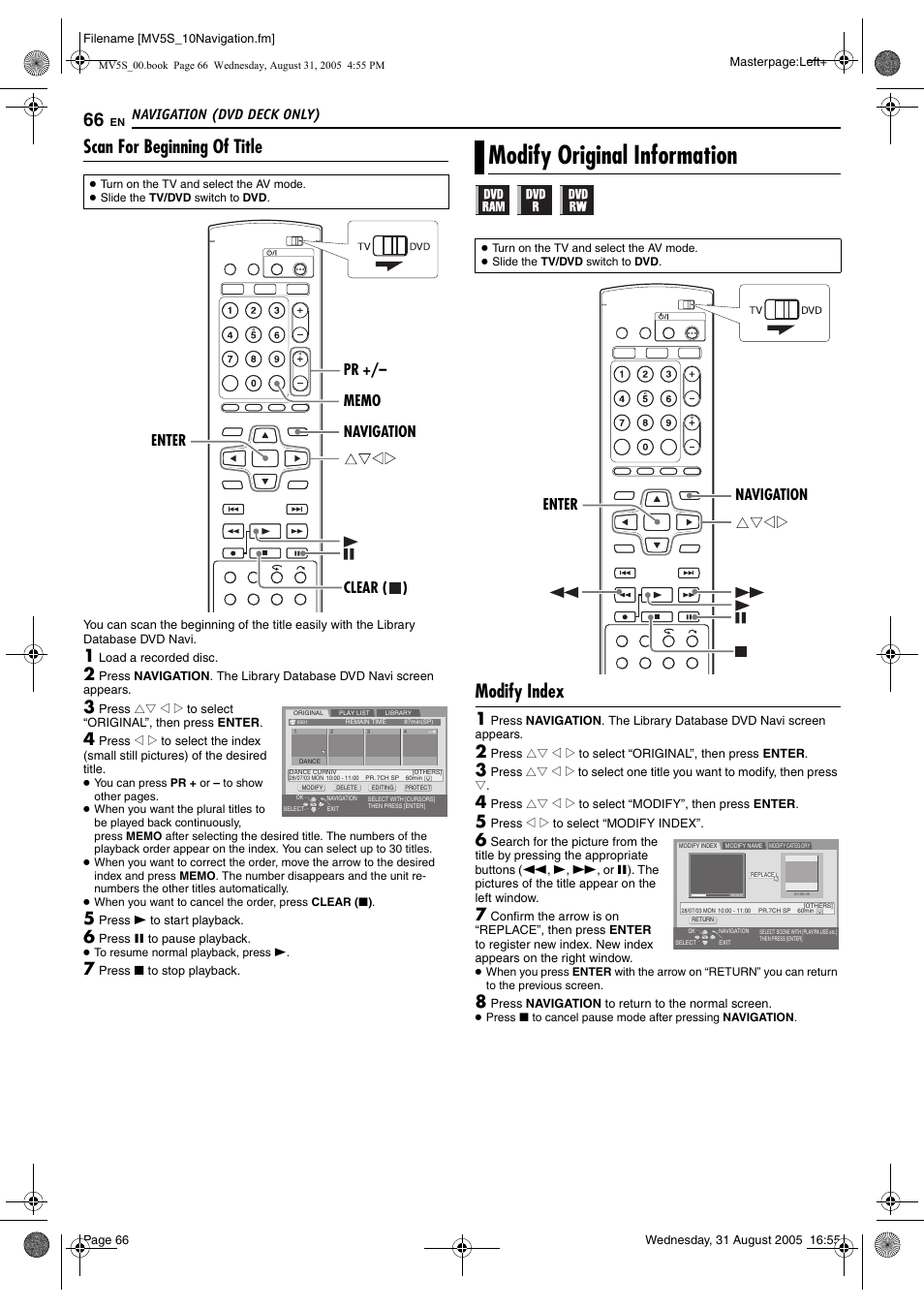 Scan for beginning of title, Modify original information, Modify index | Pg. 66, 70, Pg. 66, 7, Pg. 66), Original, Navigation (dvd deck only), Rtwe enter navigation | JVC DR-MV5SE User Manual | Page 66 / 100