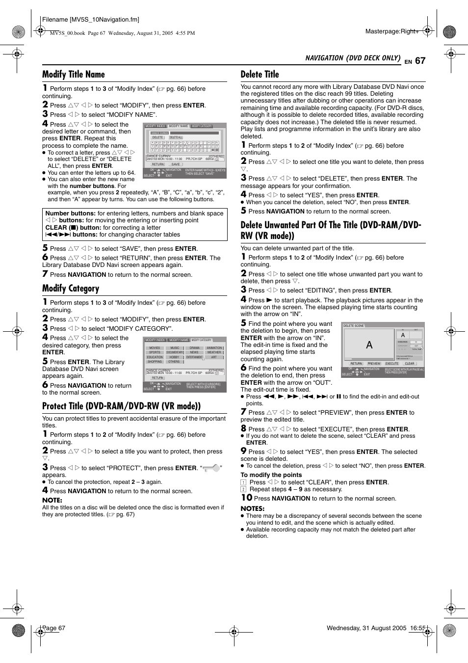 Modify title name, Modify category, Protect title (dvd-ram/dvd-rw (vr mode)) | Delete title, Pg. 67, “modify title name”) (d, Pg. 67), Navigation (dvd deck only) | JVC DR-MV5SE User Manual | Page 67 / 100