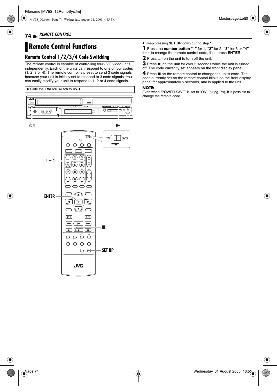 Remote control, Remote control functions, Remote control 1/2/3/4 code switching | Pg. 74), Enter set up 1 – 4 | JVC DR-MV5SE User Manual | Page 74 / 100