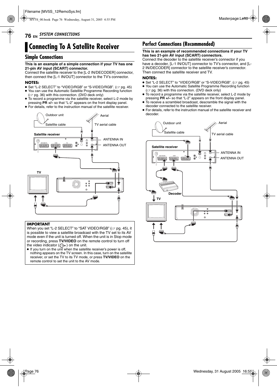 System connections, Connecting to a satellite receiver, Simple connections | Perfect connections (recommended), Pg. 76) | JVC DR-MV5SE User Manual | Page 76 / 100