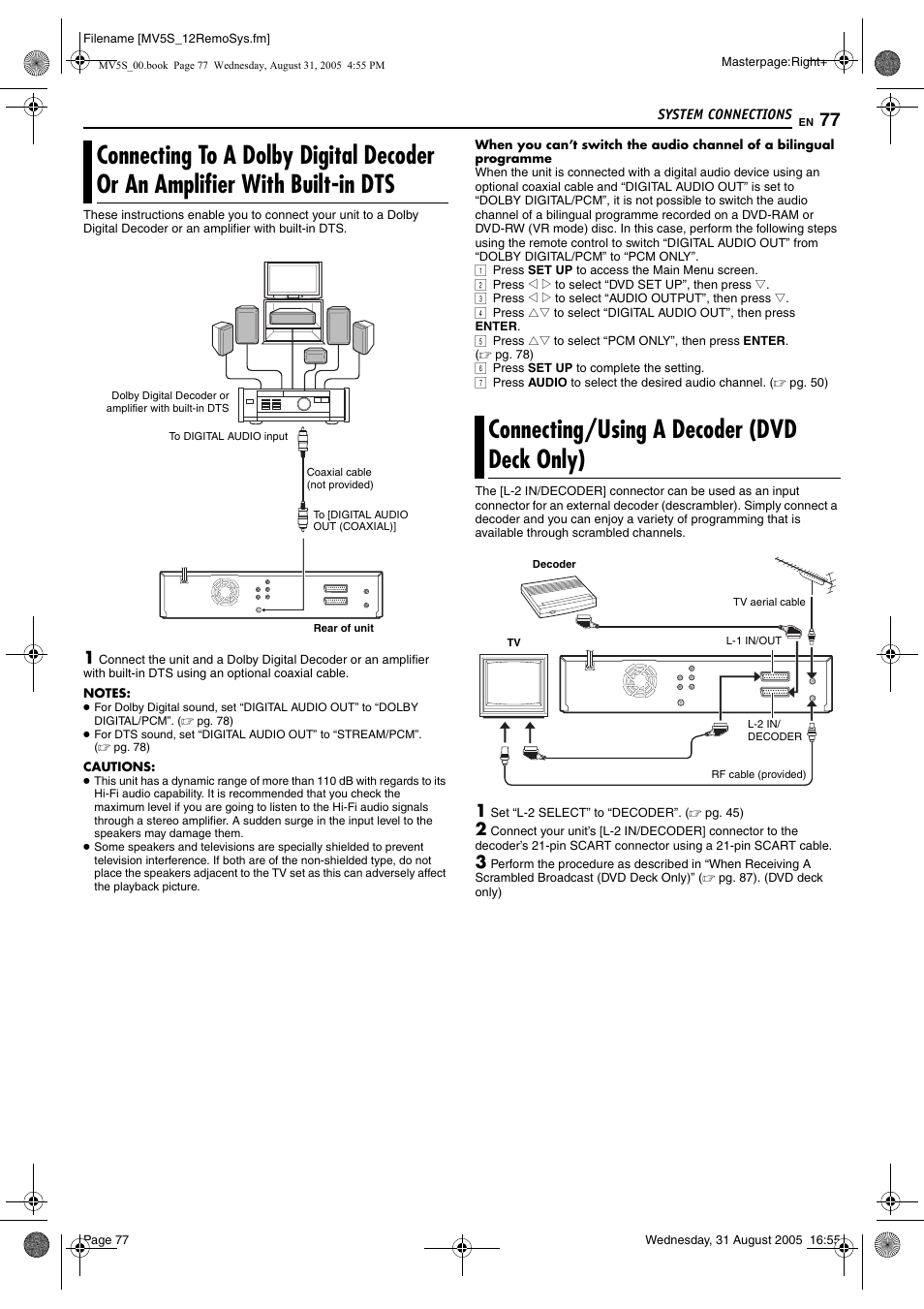 Connecting/using a decoder (dvd deck only), Vr mode) disc, Pg. 77) in | Pg. 77) | JVC DR-MV5SE User Manual | Page 77 / 100