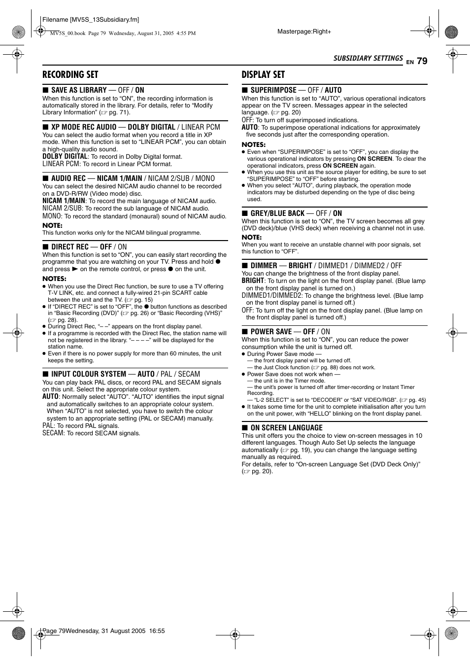 Recording set, Display set, Pg. 79) f | Pg. 79), Pg. 79), “m, Ed on the disc | JVC DR-MV5SE User Manual | Page 79 / 100