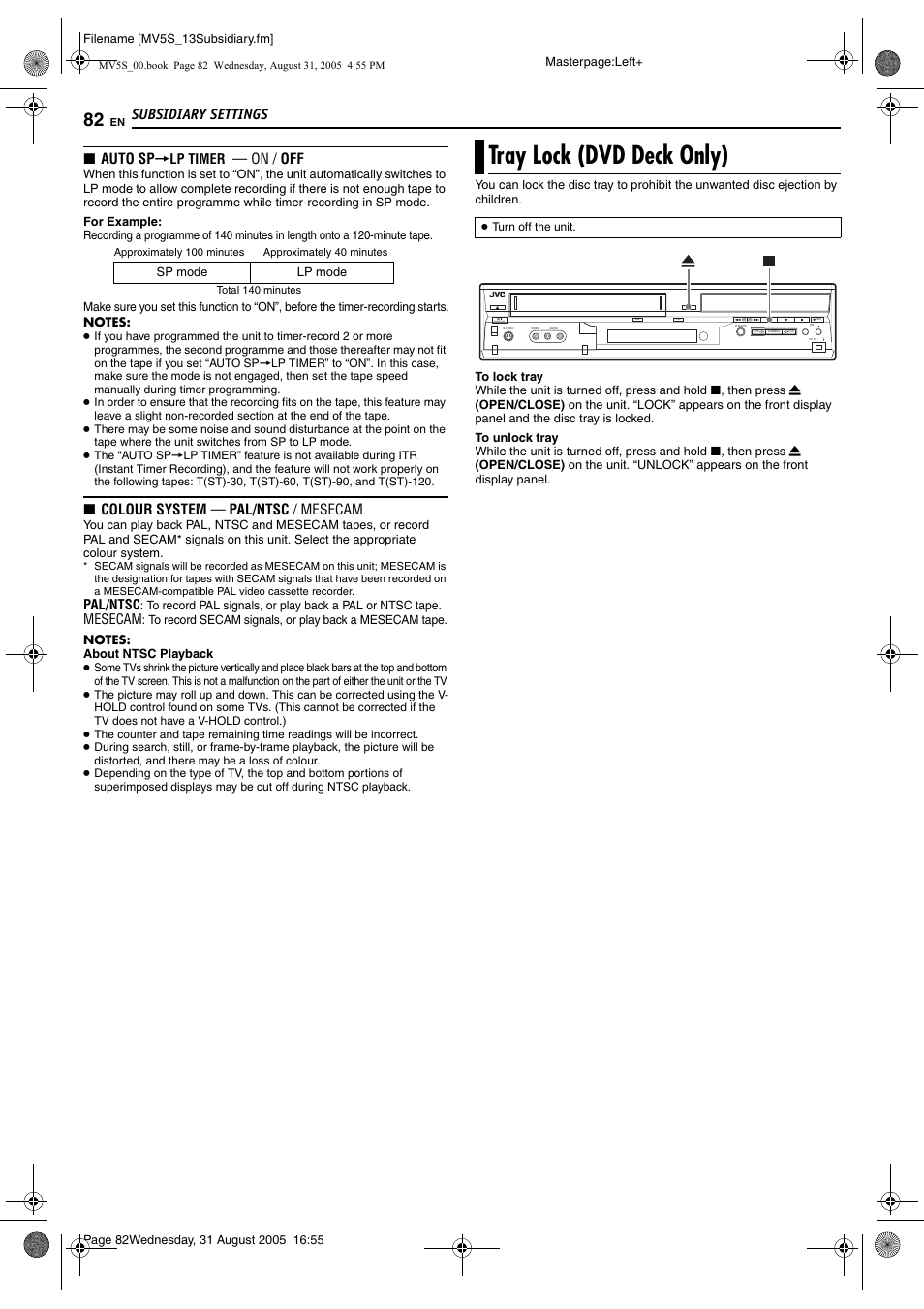 Tray lock (dvd deck only), Subsidiary settings, 8 auto sp | On / off, 8 colour system — pal/ntsc / mesecam | JVC DR-MV5SE User Manual | Page 82 / 100