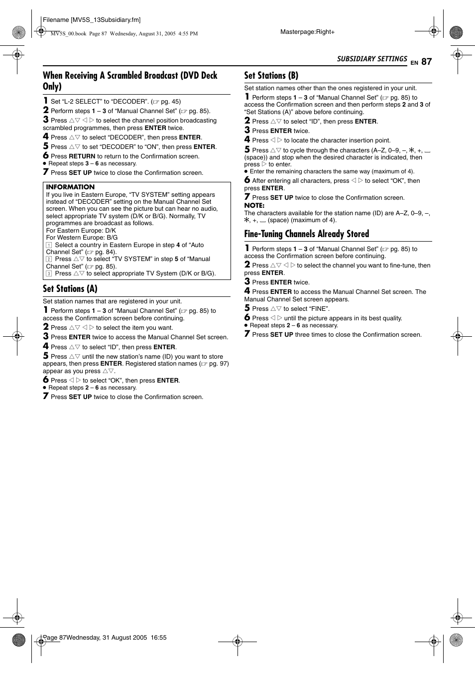 Set stations (a), Set stations (b), Fine-tuning channels already stored | Pg. 87, Information”), Pg. 87), In “when receiving a, Scrambled broadcast (dvd deck only), Pg. 87). (d, 87 f | JVC DR-MV5SE User Manual | Page 87 / 100